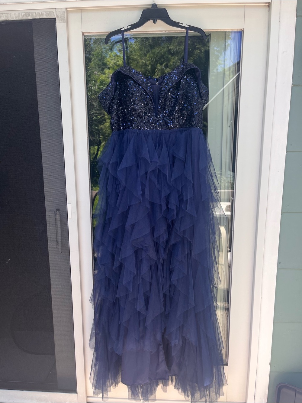 Navy Beaded Ruffle Tulle Evening Gown